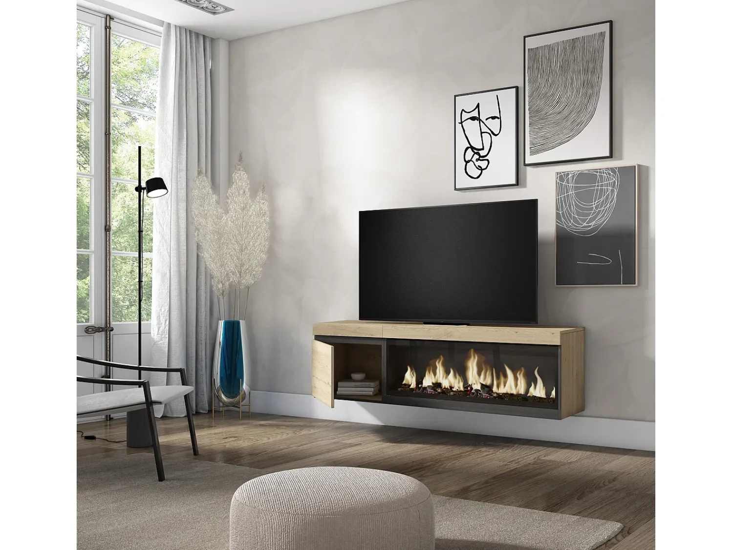 Móvel De Tv|Skraut Home Móvel de TV, 158x35x45cm, Para televisores até 65", Lareira eléctrica XXL, Suspensos, Carvahlo Natural claro