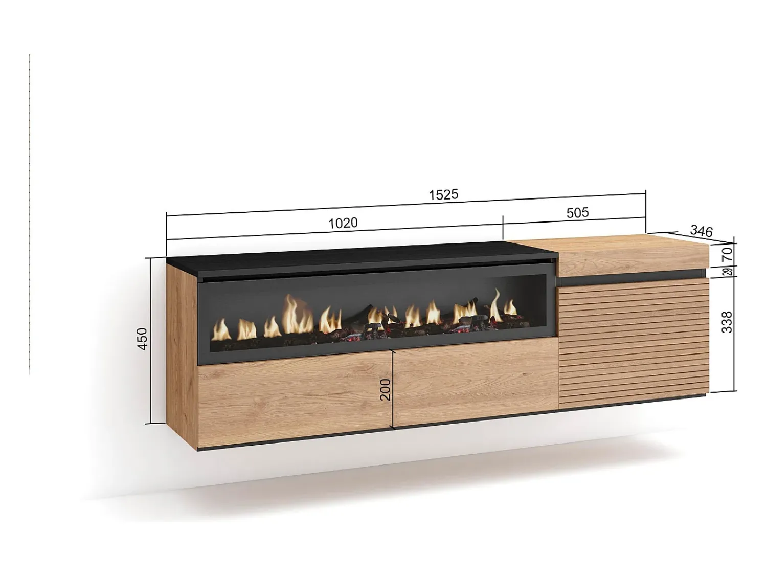 New Skraut Home Móvel de TV, 150x35x45cm, Para televisores até 65", Lareira eléctrica, Suspensos, Carvahlo Natural claro