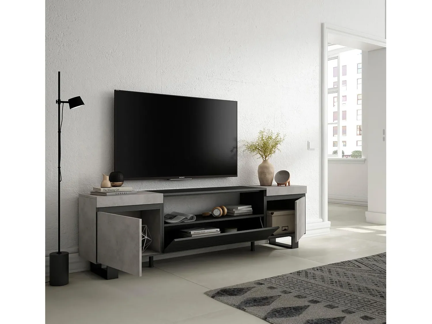 Móvel De Tv*Skraut Home Móvel de TV, 200x35x57cm, Para televisores até 80", Design industrial, Cimento Cinzento