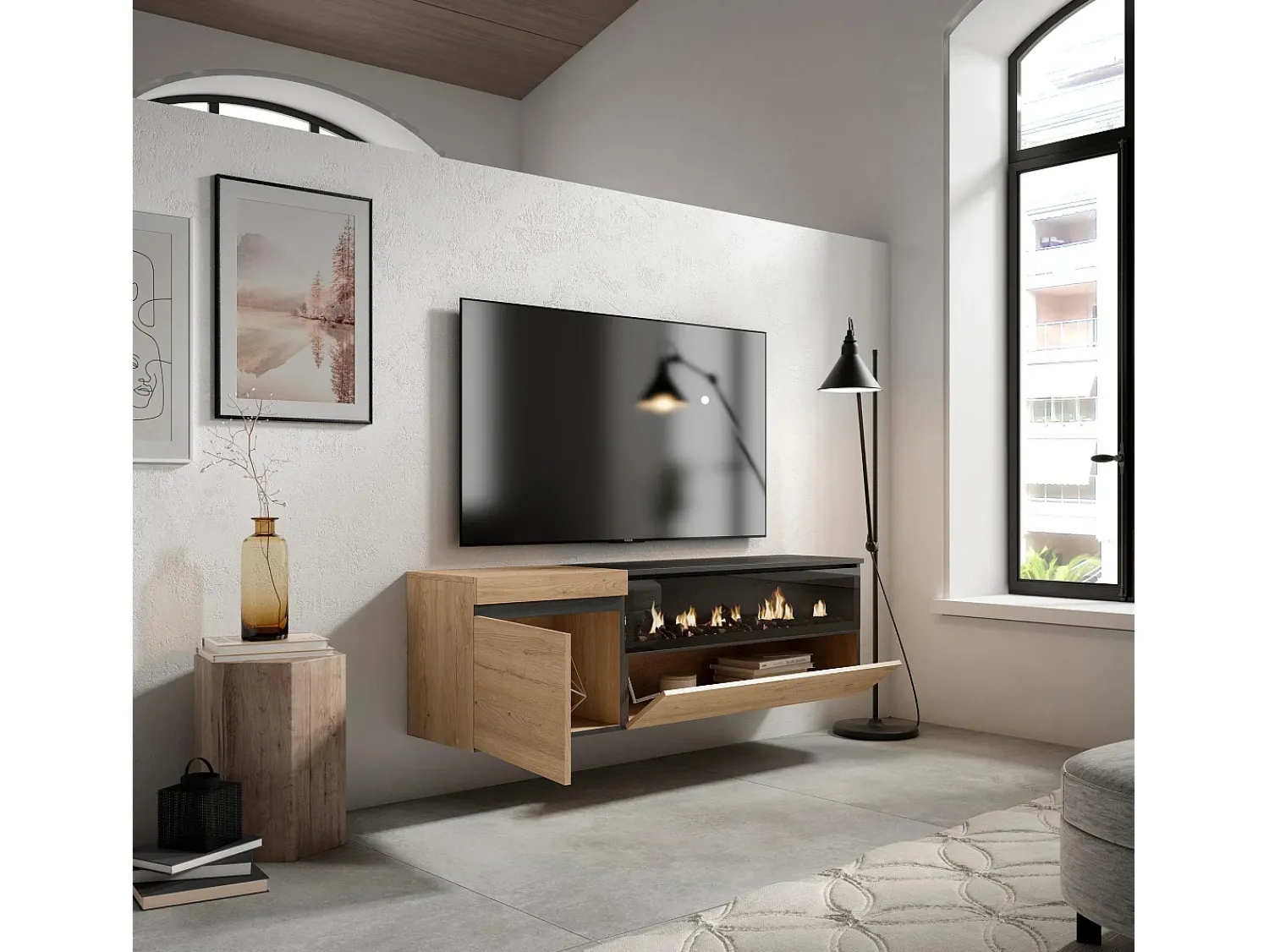 Móvel De Tv*Skraut Home Móvel de TV, 150x35x45cm, Para televisores até 65", Lareira eléctrica, Suspensos, Carvahlo e preto Natural claro