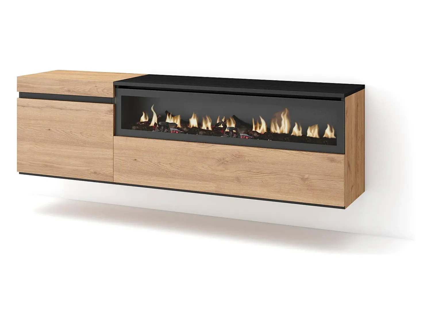 Móvel De Tv*Skraut Home Móvel de TV, 150x35x45cm, Para televisores até 65", Lareira eléctrica, Suspensos, Carvahlo e preto Natural claro