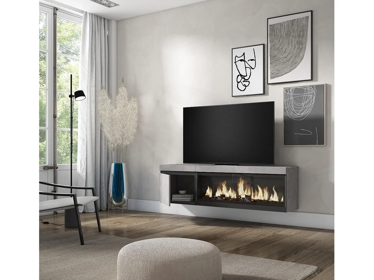 Móvel De Tv*Skraut Home Móvel de TV, 158x35x45cm, Para televisores até 65", Lareira eléctrica XXL, Suspensos, Cimento Cinzento