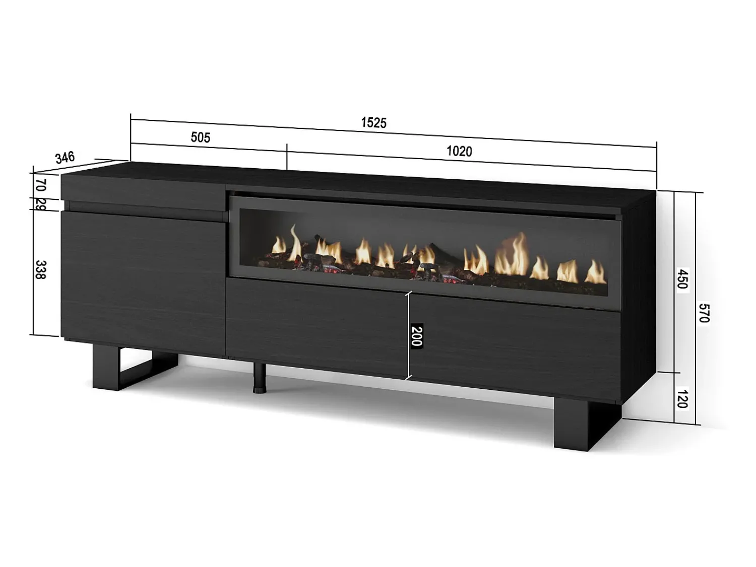 Móvel De Tv|Skraut Home Móvel de TV, 150x35x57cm, Para televisores até 65", Lareira eléctrica, Design industrial, Preto