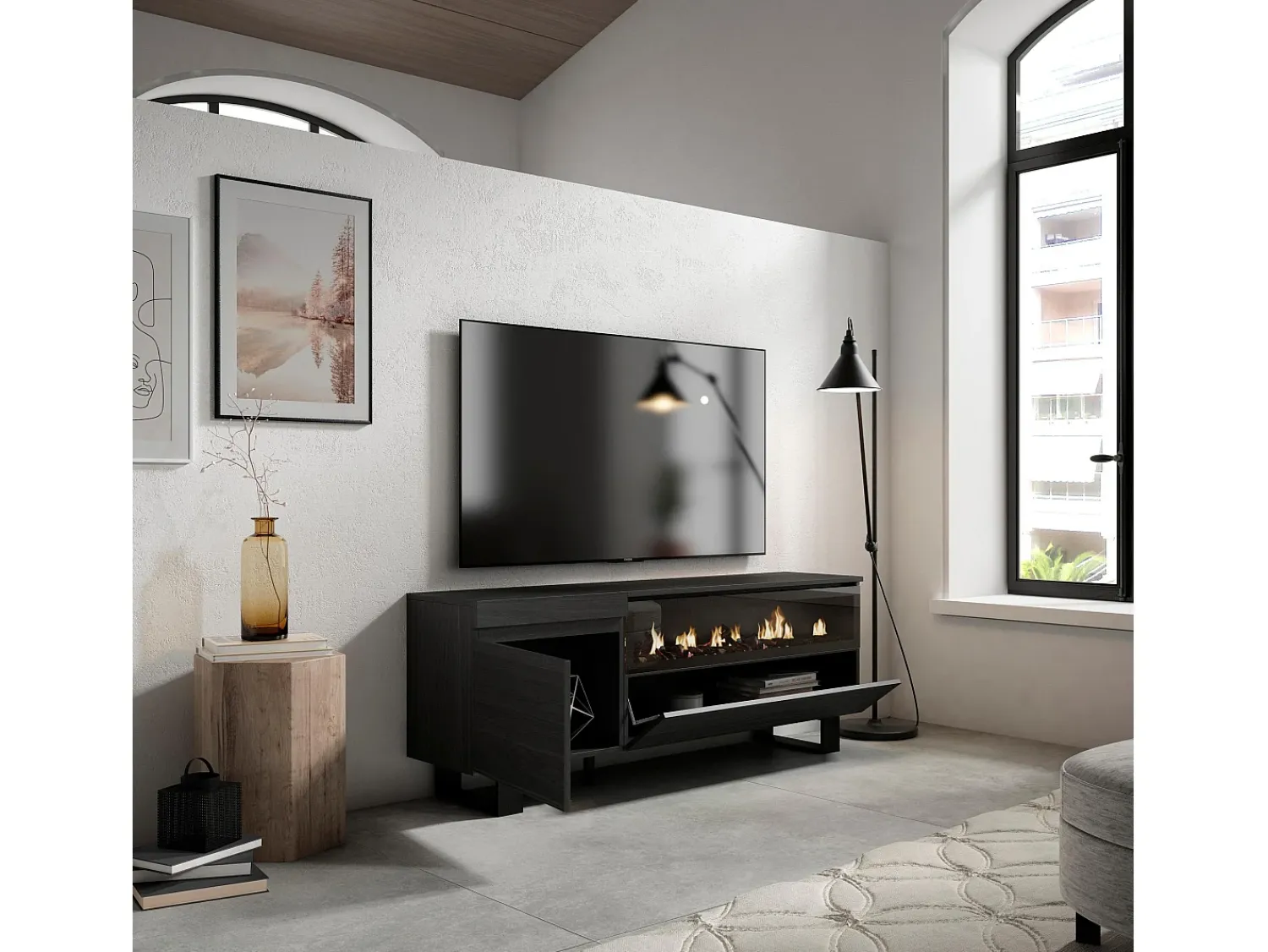Móvel De Tv|Skraut Home Móvel de TV, 150x35x57cm, Para televisores até 65", Lareira eléctrica, Design industrial, Preto