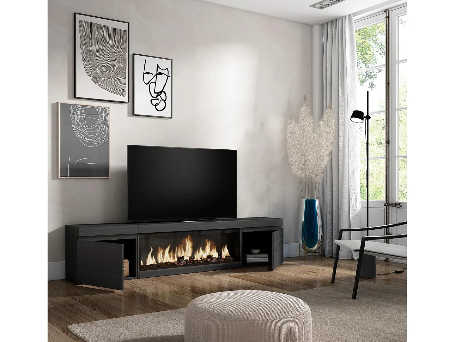 Móvel De Tv|Skraut Home Móvel de TV, 208x35x45cm, Para televisores até 80", Lareira eléctrica XXL, Preto