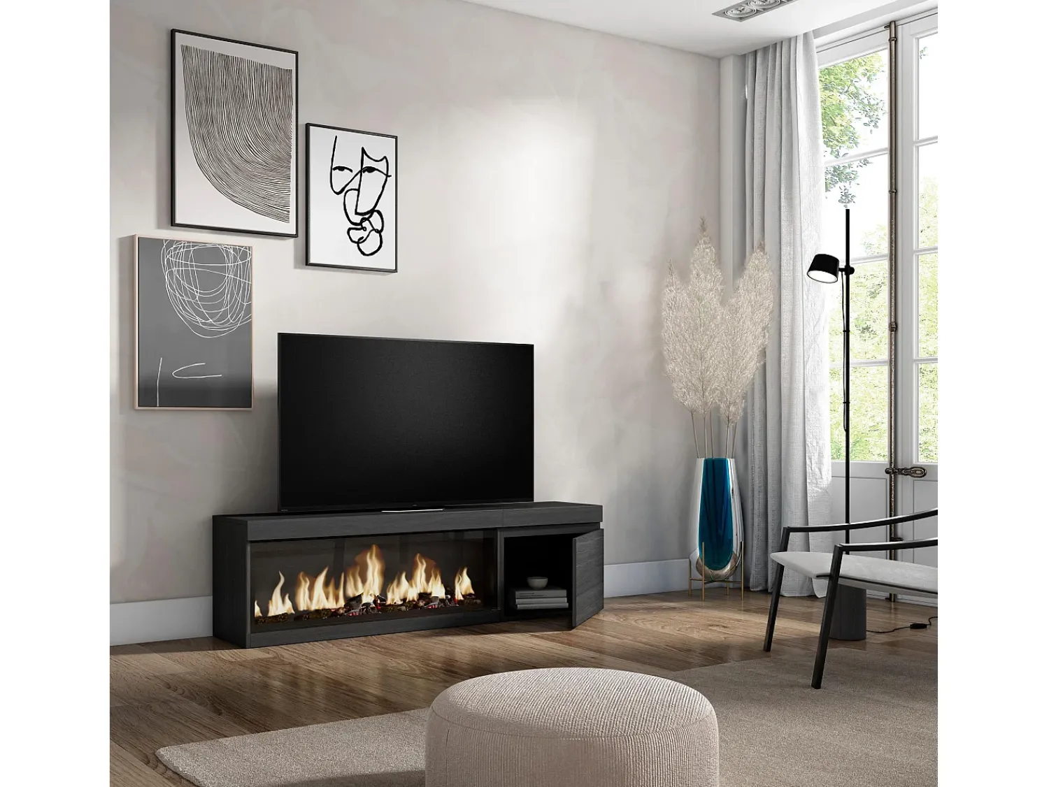 Skraut Home Móvel de TV, 158x35x45cm, Para televisores até 65", Lareira eléctrica XXL,^ Móvel De Tv
