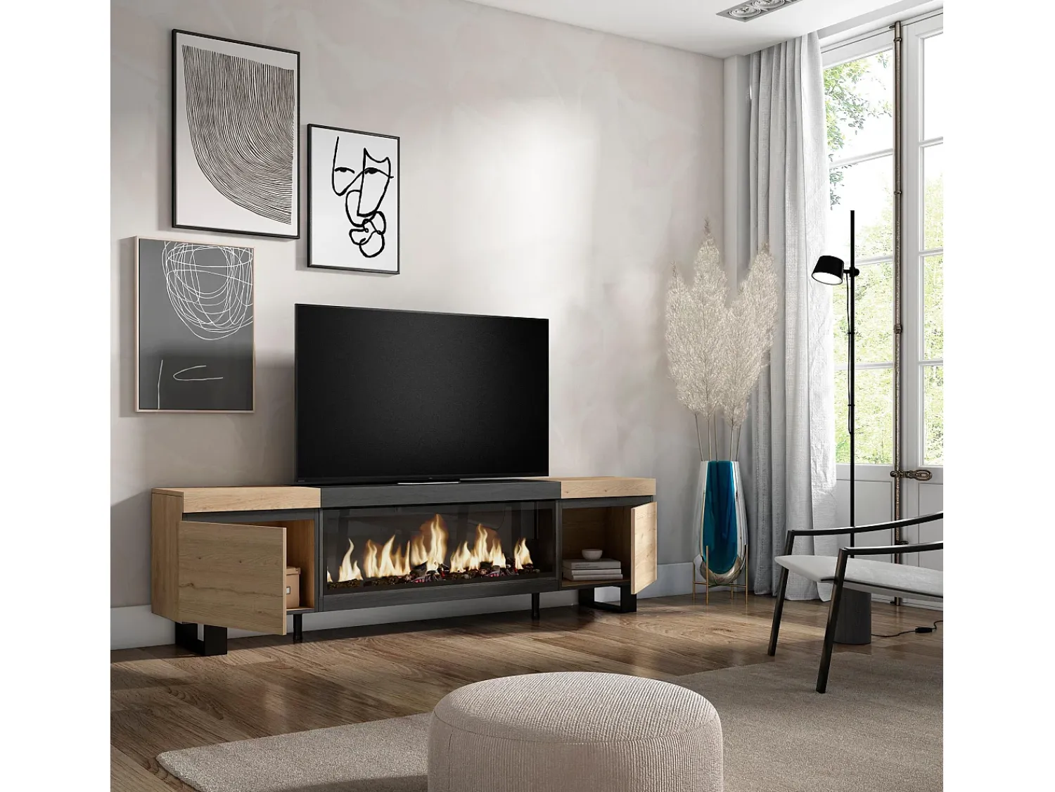 Móvel De Tv|Skraut Home Móvel de TV, 208x35x57cm, Para televisores até 80", Lareira eléctrica XXL, Design industrial, Carvahlo e preto Natural claro
