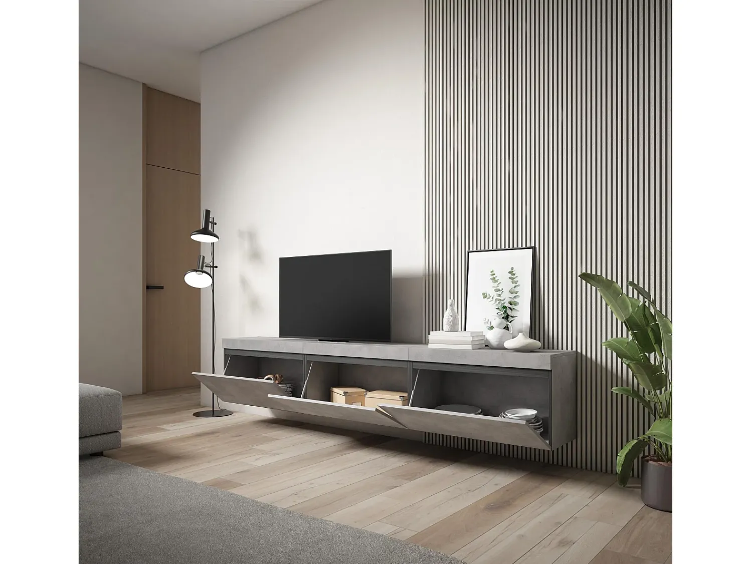 Móvel De Tv|Skraut Home Móvel de TV, 240x35x45cm, Suspensos, Cimento Cinzento
