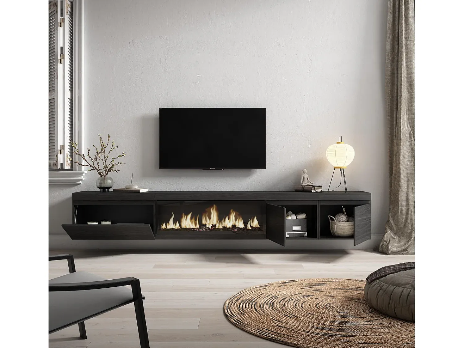 Móvel De Tv*Skraut Home Móvel de TV, 288x35x45cm, TV de grande formato, Lareira eléctrica XXL, Suspensos, Preto