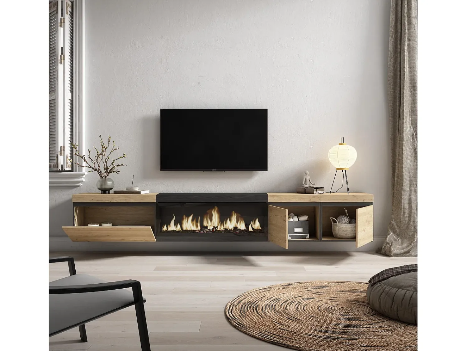 Móvel De Tv|Skraut Home Móvel de TV, 288x35x45cm, TV de grande formato, Lareira eléctrica XXL, Suspensos, Carvahlo e preto Multicor