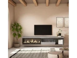 Skraut Home Móvel de TV, 237x35x45cm, TV de grande formato, Lareira eléctrica XXL, Suspensos, Cimento^ Móvel De Tv