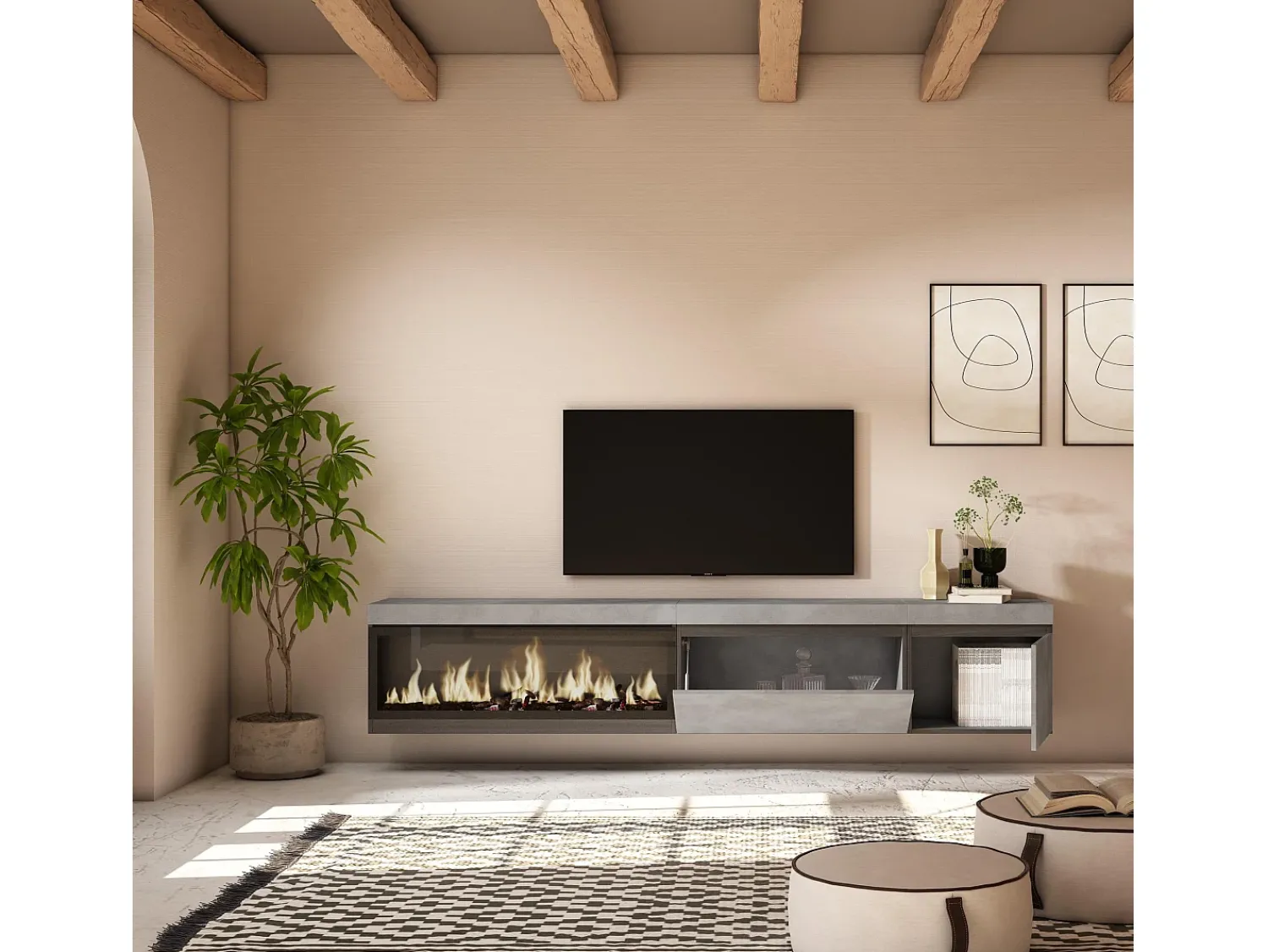 Skraut Home Móvel de TV, 237x35x45cm, TV de grande formato, Lareira eléctrica XXL, Suspensos, Cimento^ Móvel De Tv