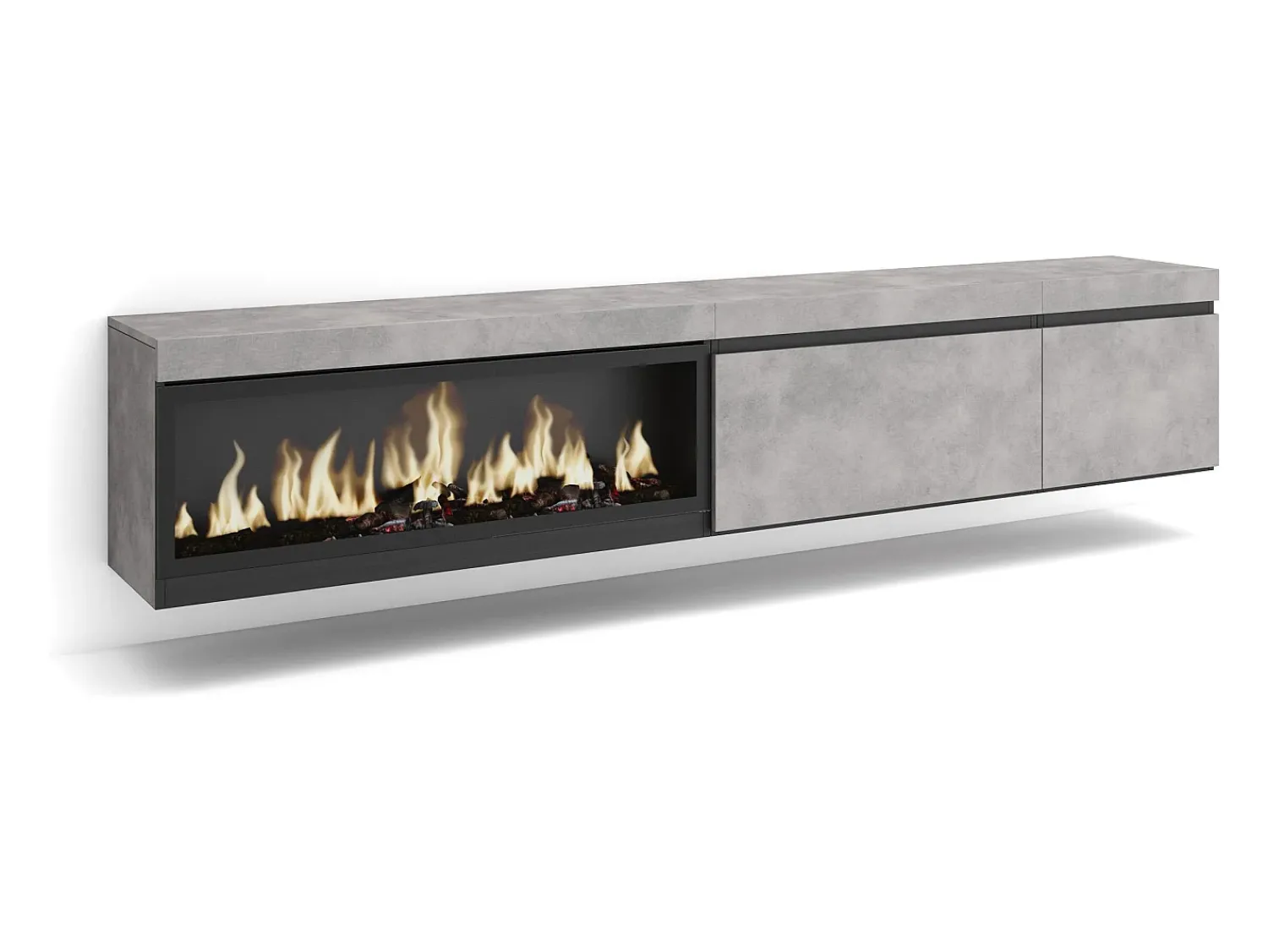 Skraut Home Móvel de TV, 237x35x45cm, TV de grande formato, Lareira eléctrica XXL, Suspensos, Cimento^ Móvel De Tv
