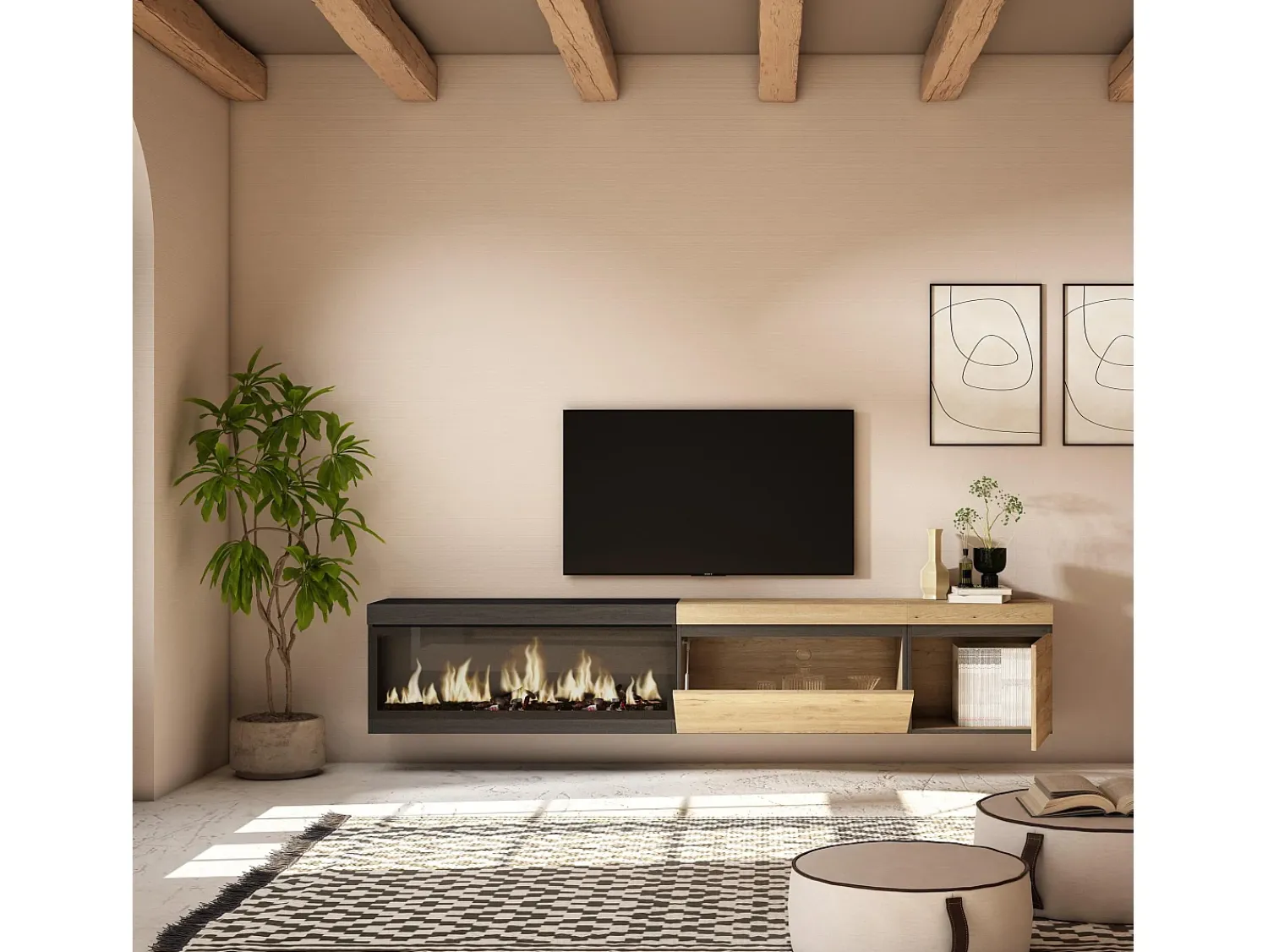 Skraut Home Móvel de TV, 237x35x45cm, TV de grande formato, Lareira eléctrica XXL, Suspensos, Carvahlo e preto^ Móvel De Tv