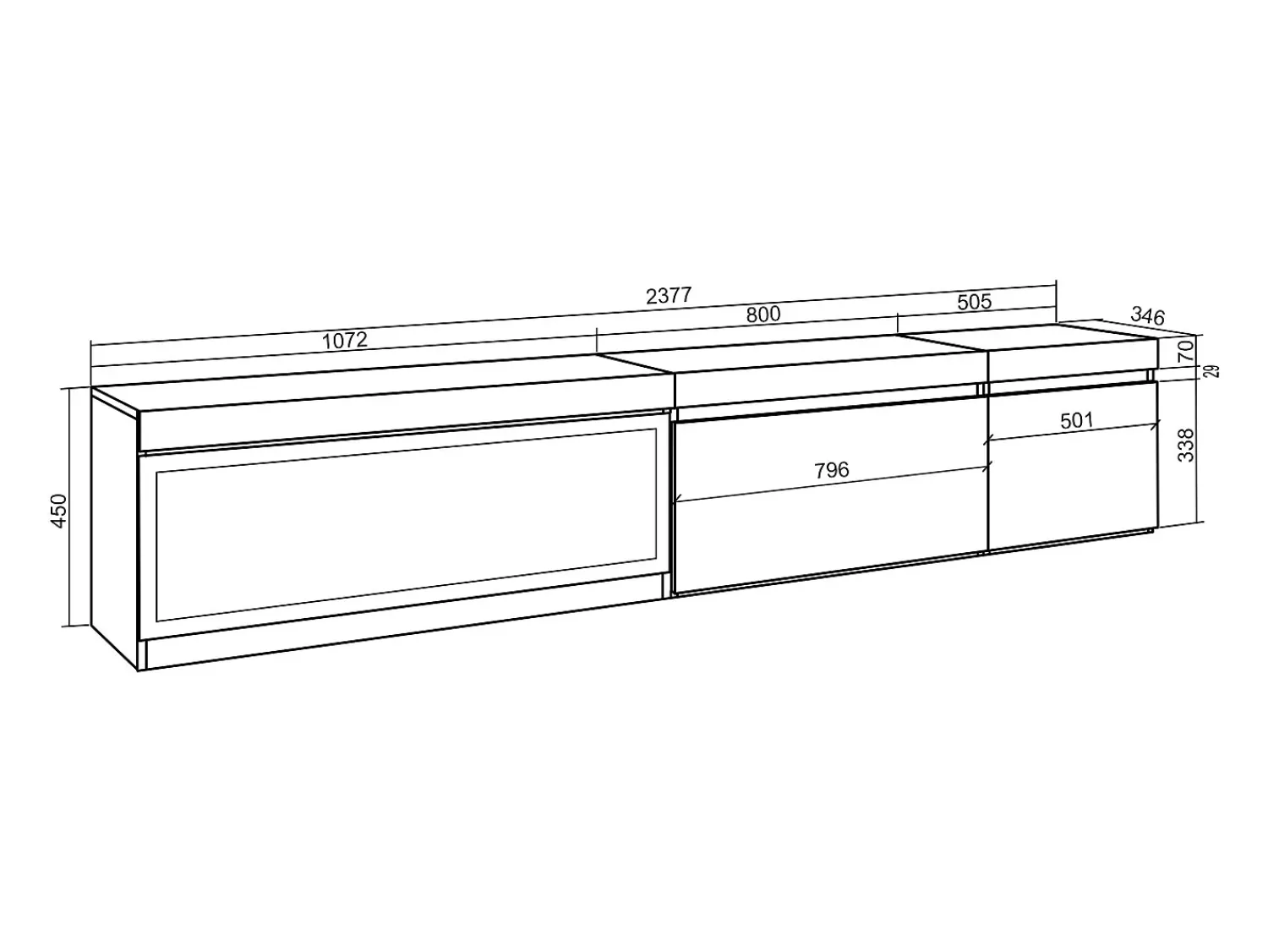 Skraut Home Móvel de TV, 237x35x45cm, TV de grande formato, Lareira eléctrica XXL, Suspensos, Carvahlo e preto^ Móvel De Tv