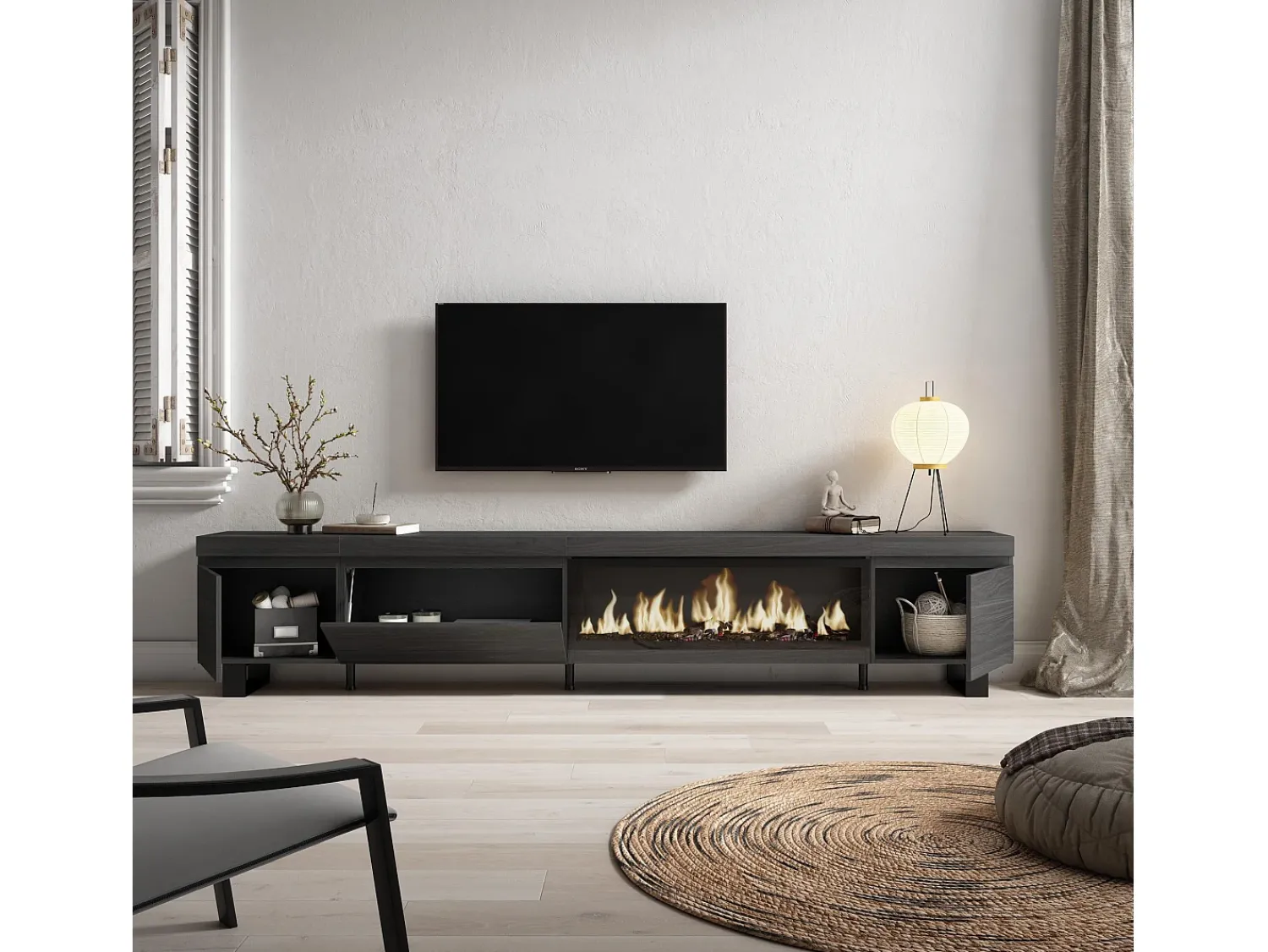 Móvel De Tv*Skraut Home Móvel de TV, 288x35x57cm, TV de grande formato, Lareira eléctrica XXL, Design industrial, Preto