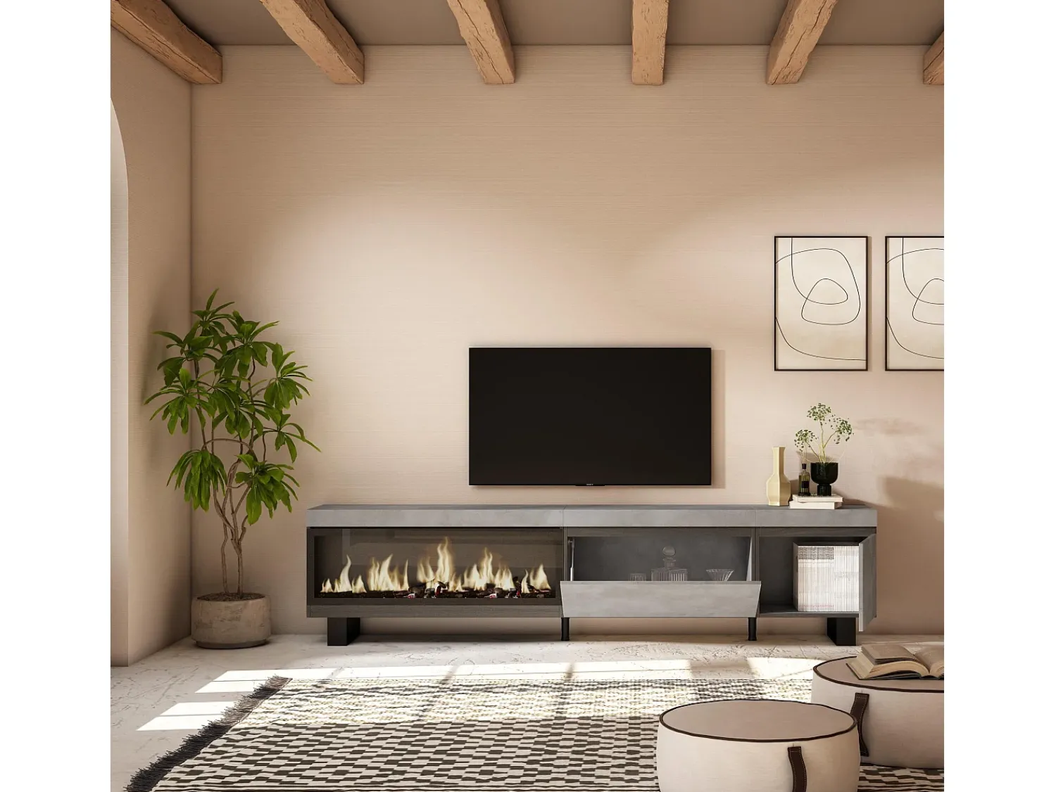 Móvel De Tv*Skraut Home Móvel de TV, 237x35x57cm, TV de grande formato, Lareira eléctrica XXL, Design industrial, Cimento Cinzento