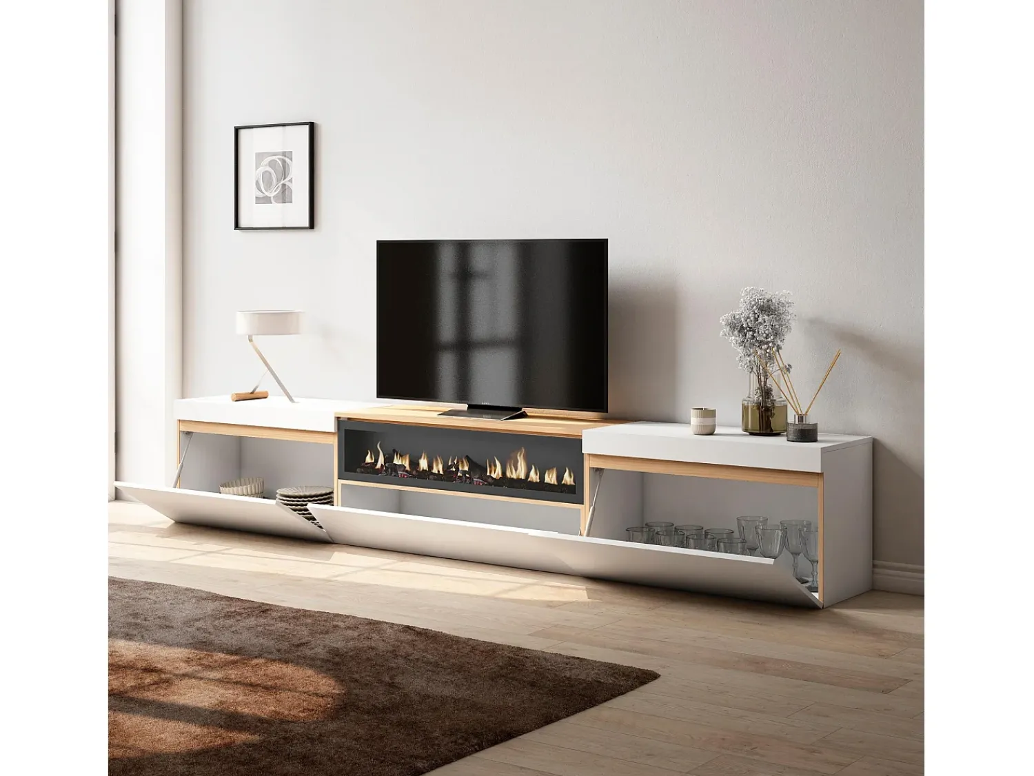 Móvel De Tv*Skraut Home Móvel de TV, 260x35x45cm, TV de grande formato, Lareira eléctrica, e Carvalho soft Branco