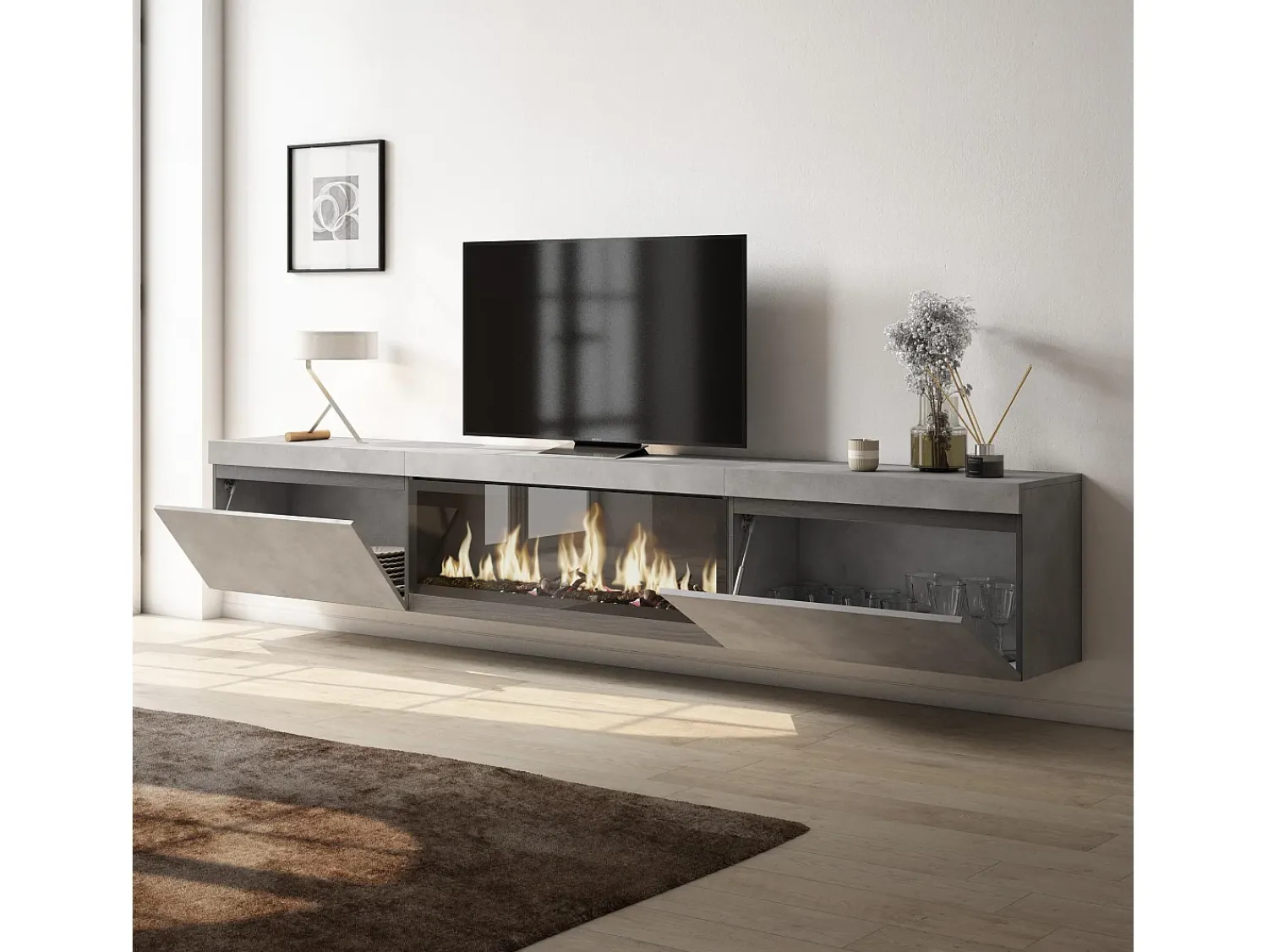 Sale Skraut Home Móvel de TV, 267x35x45cm, TV de grande formato, Lareira eléctrica XXL, Suspensos, Cimento Cinzento