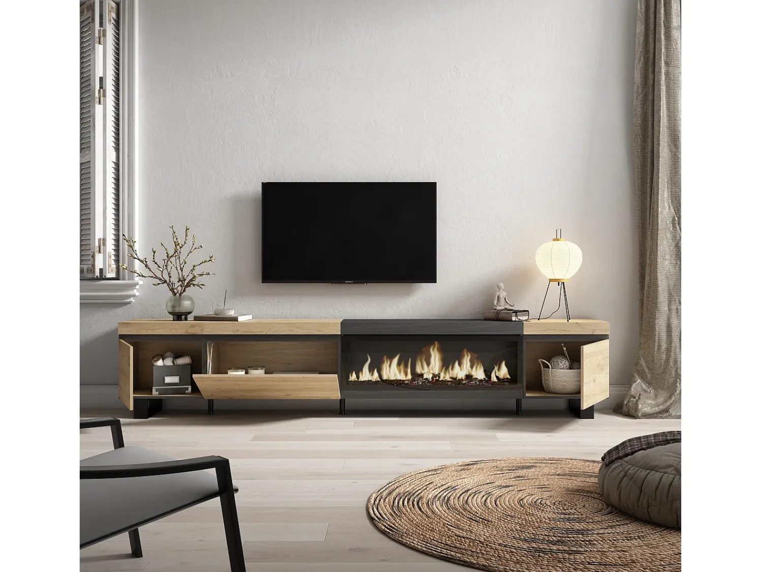 Móvel De Tv*Skraut Home Móvel de TV, 288x35x57cm, TV de grande formato, Lareira eléctrica XXL, Design industrial, Carvahlo e preto Multicor