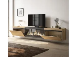 Discount Skraut Home Móvel de TV, 267x35x45cm, TV de grande formato, Lareira eléctrica XXL, Suspensos, Carvahlo e preto Multicor