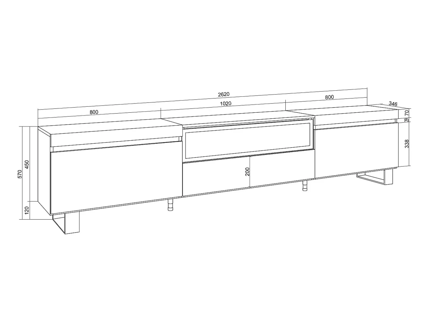 Móvel De Tv|Skraut Home Móvel de TV, 260x35x57cm, TV de grande formato, Lareira eléctrica, Design industrial, e Carvalho soft Branco