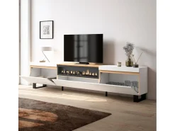 Móvel De Tv|Skraut Home Móvel de TV, 260x35x57cm, TV de grande formato, Lareira eléctrica, Design industrial, e Carvalho soft Branco