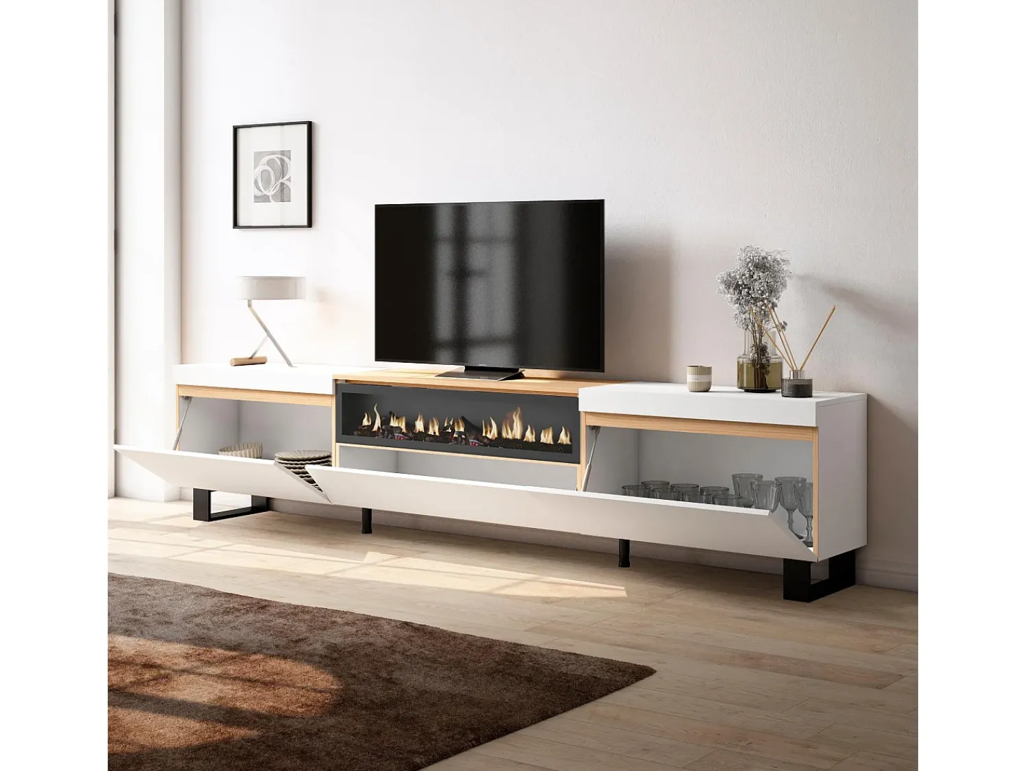 Móvel De Tv|Skraut Home Móvel de TV, 260x35x57cm, TV de grande formato, Lareira eléctrica, Design industrial, e Carvalho soft Branco