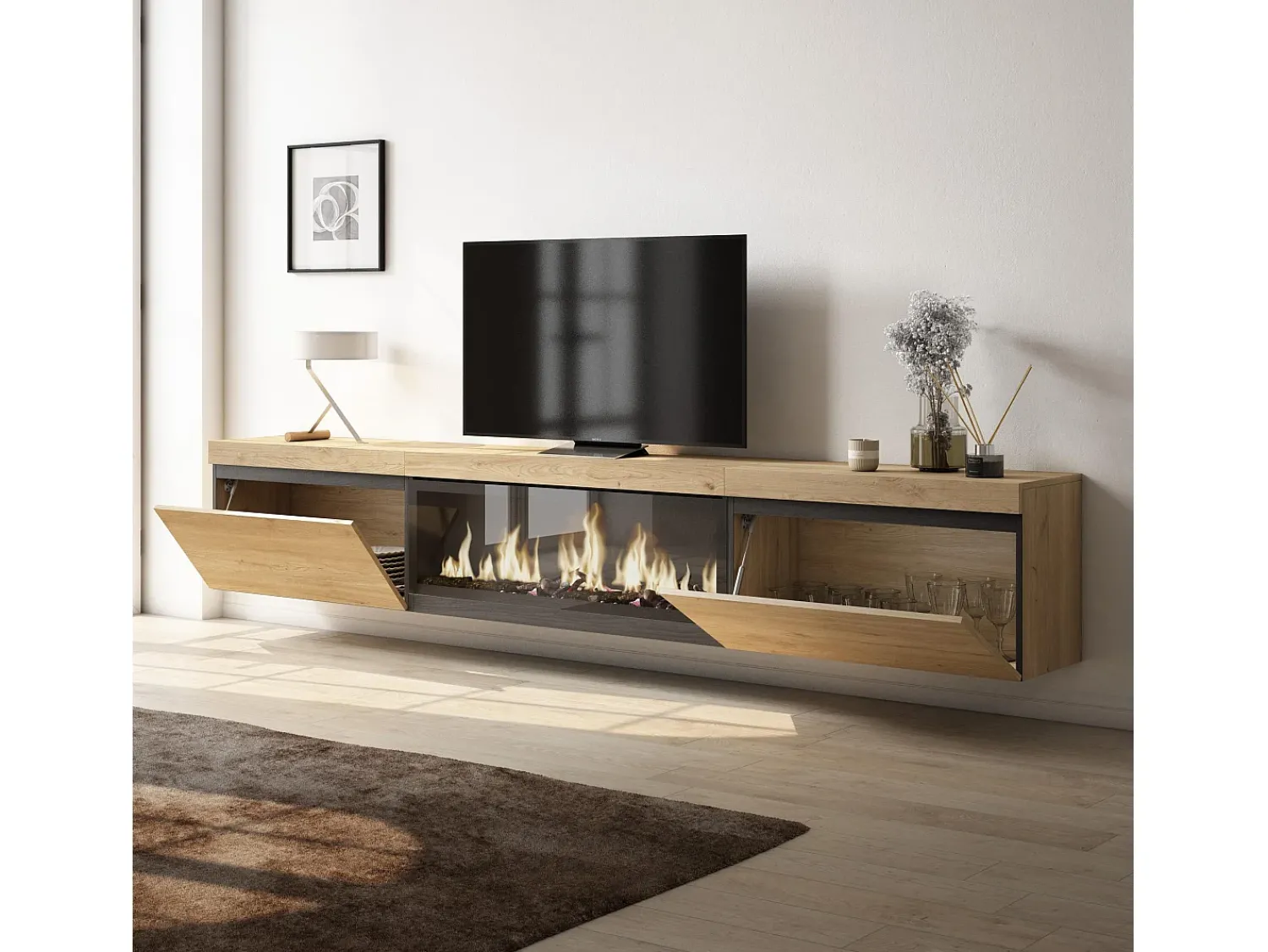 Sale Skraut Home Móvel de TV, 267x35x45cm, TV de grande formato, Lareira eléctrica XXL, Suspensos, Carvalho Natural claro