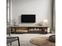 Skraut Home Móvel de TV, 288x35x57cm, TV de grande formato, Lareira eléctrica XXL, Design industrial, Carvalho Natural claro