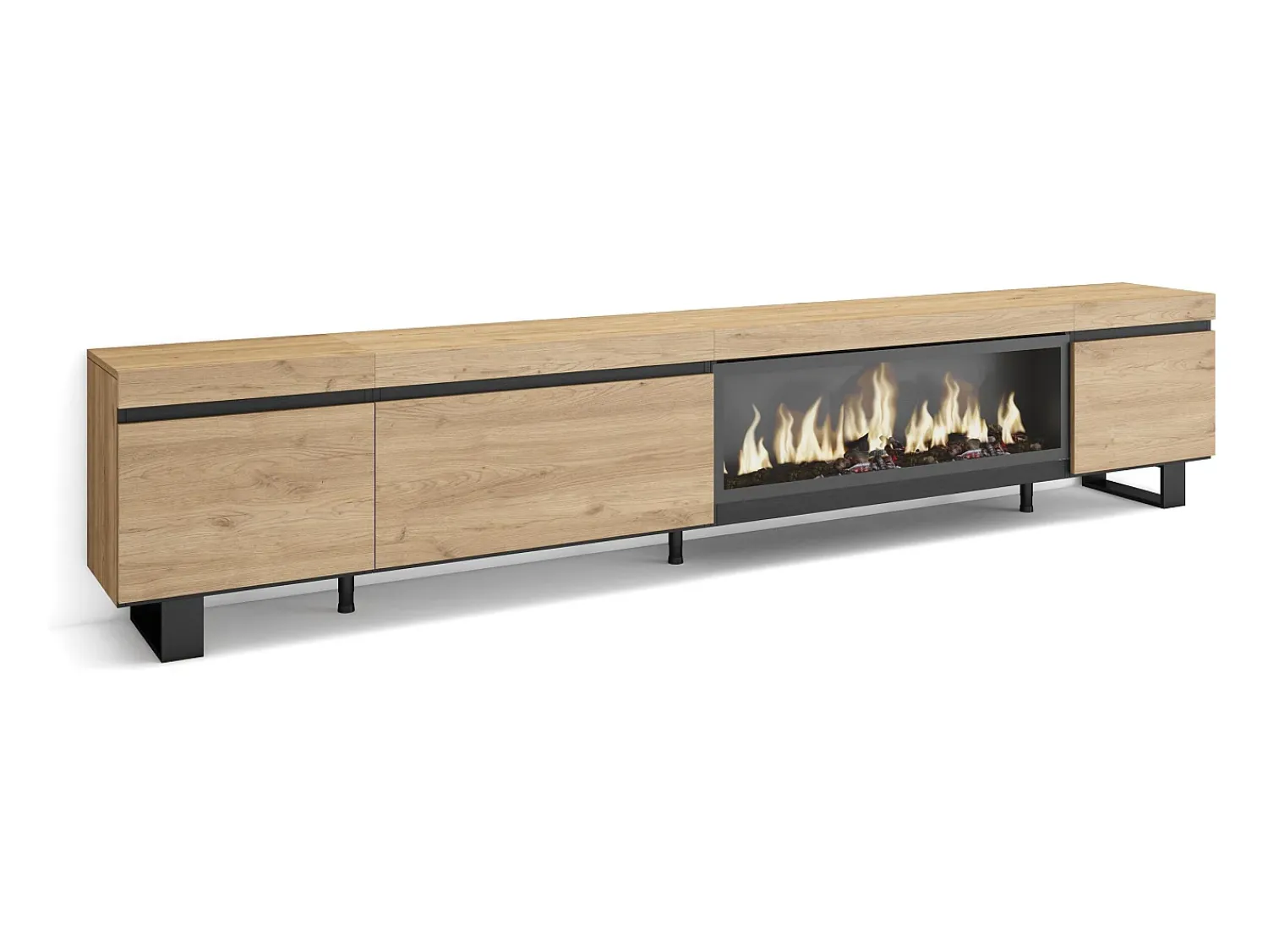 Skraut Home Móvel de TV, 288x35x57cm, TV de grande formato, Lareira eléctrica XXL, Design industrial, Carvalho Natural claro