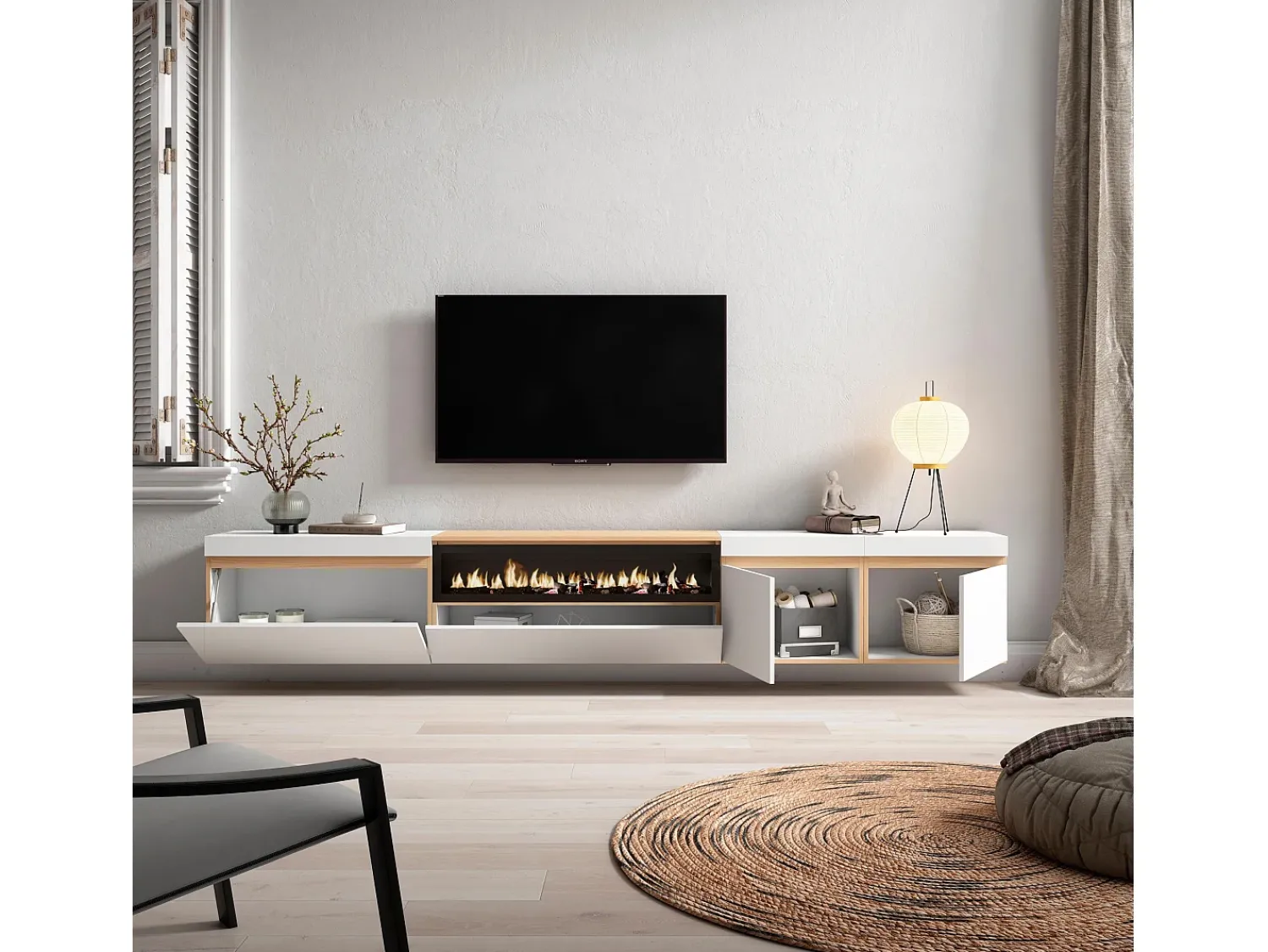 Skraut Home Móvel de TV, 288x35x45cm, TV de grande formato, Lareira eléctrica, Suspensos, e Carvalho soft^ Móvel De Tv