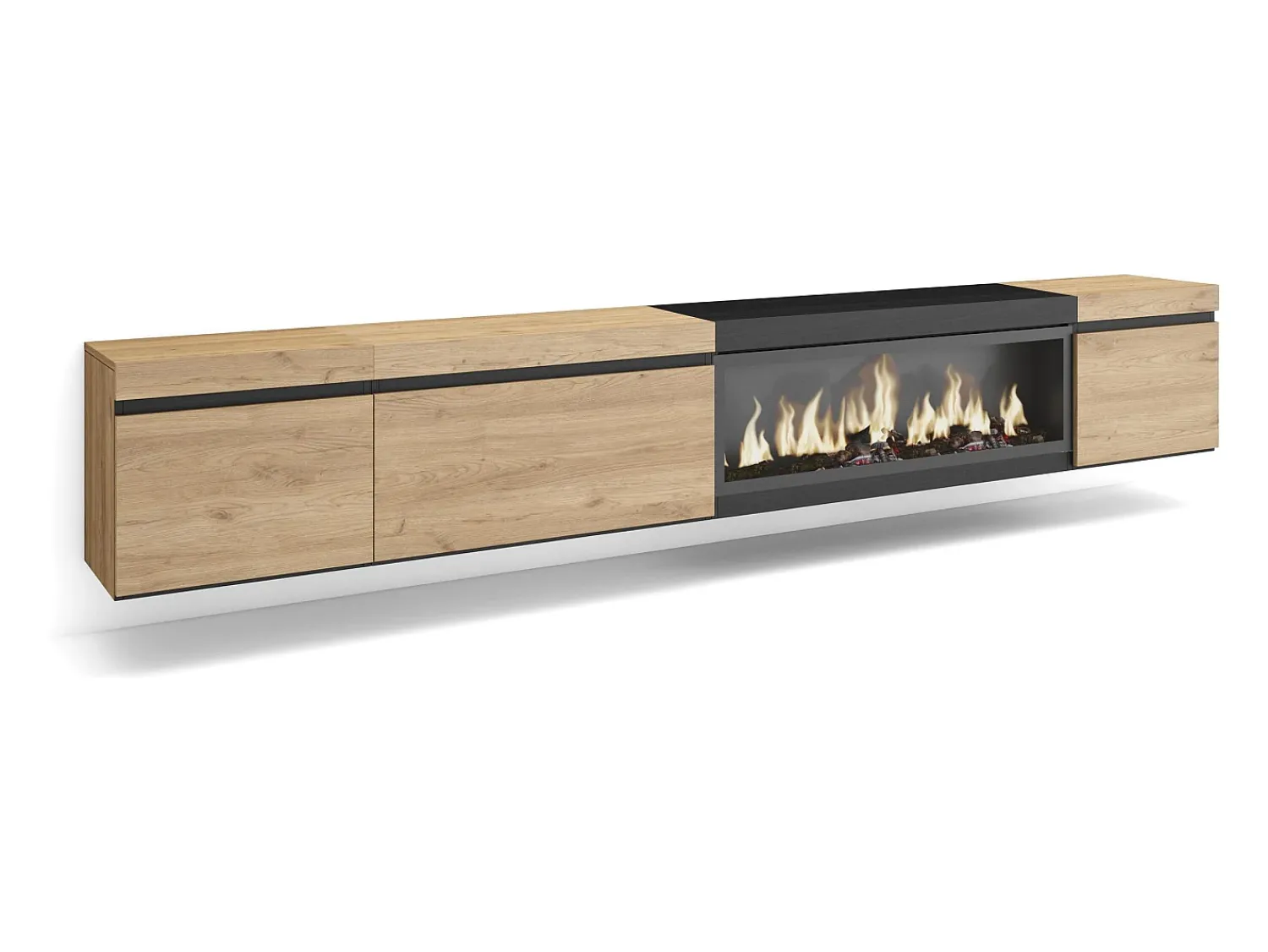 Skraut Home Móvel de TV, 288x35x45cm, TV de grande formato, Lareira eléctrica XXL, Suspensos, Carvahlo e preto^ Móvel De Tv