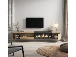 Skraut Home Móvel de TV, 288x35x45cm, TV de grande formato, Lareira eléctrica XXL, Suspensos, Carvahlo e preto^ Móvel De Tv
