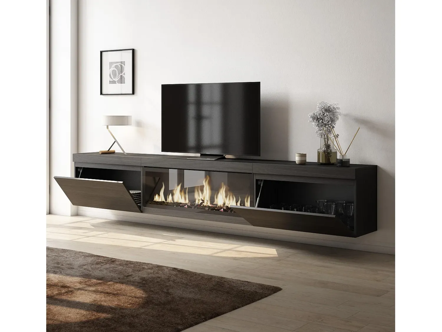 Móvel De Tv*Skraut Home Móvel de TV, 267x35x45cm, TV de grande formato, Lareira eléctrica XXL, Suspensos, Preto