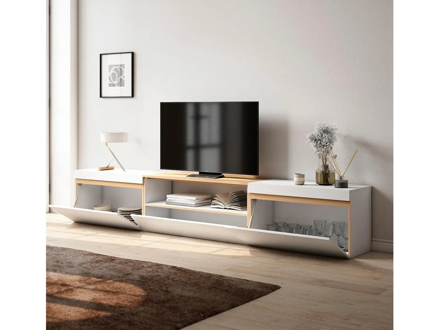 Móvel De Tv|Skraut Home Móvel de TV, 260x35x45cm, TV de grande formato, Estante para TV, e Carvalho soft Branco