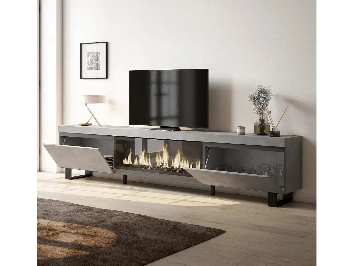 Móvel De Tv*Skraut Home Móvel de TV, 267x35x57cm, TV de grande formato, Lareira eléctrica XXL, Design industrial, Cimento Cinzento