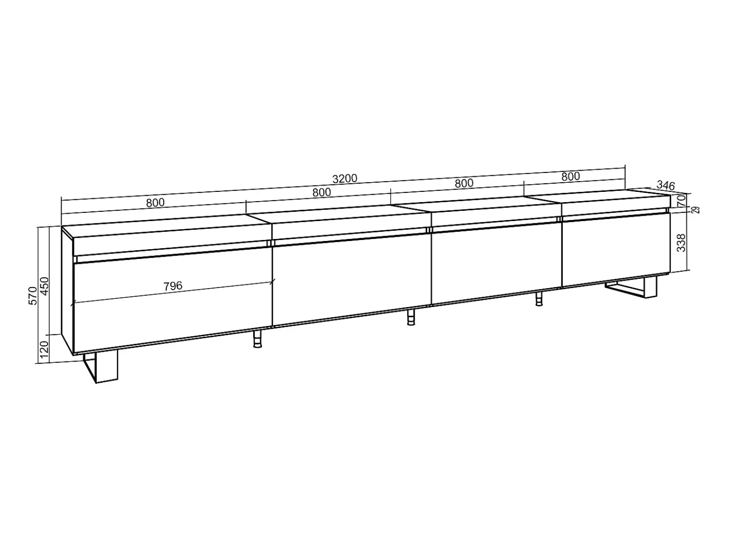 Hot Skraut Home Móvel de TV, 320x35x57cm, TV de grande formato, Design industrial, Cimento Cinzento