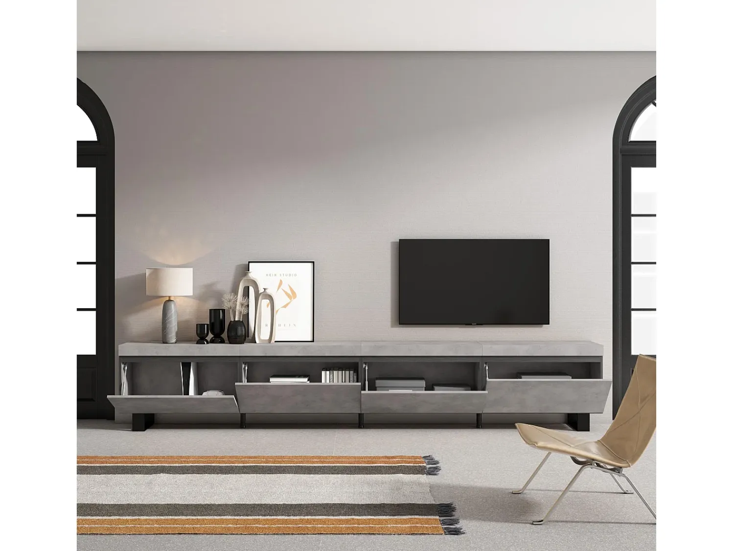 Hot Skraut Home Móvel de TV, 320x35x57cm, TV de grande formato, Design industrial, Cimento Cinzento