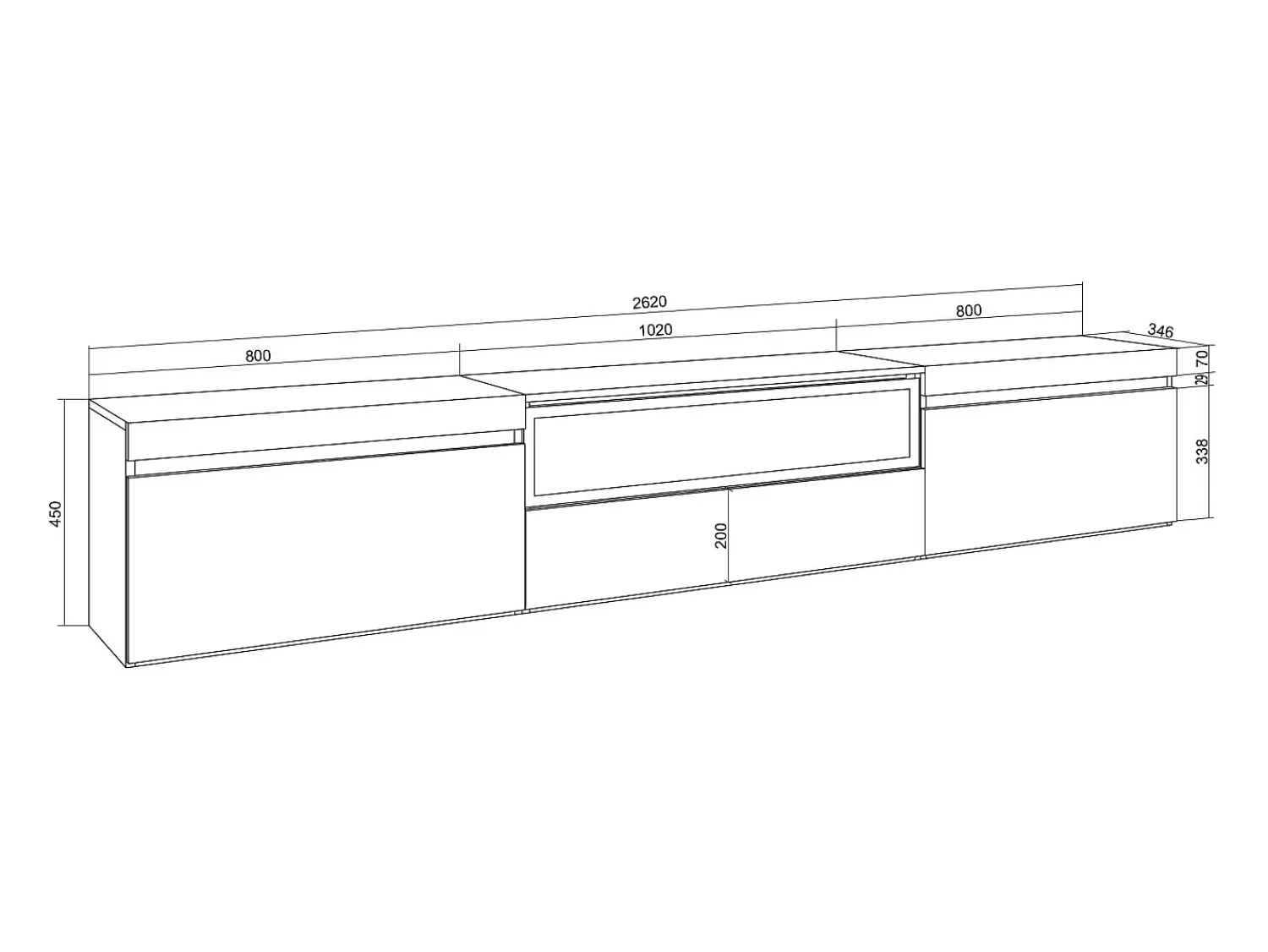 Móvel De Tv*Skraut Home Móvel de TV, 260x35x45cm, TV de grande formato, Lareira eléctrica, Suspensos, e Carvalho soft Branco