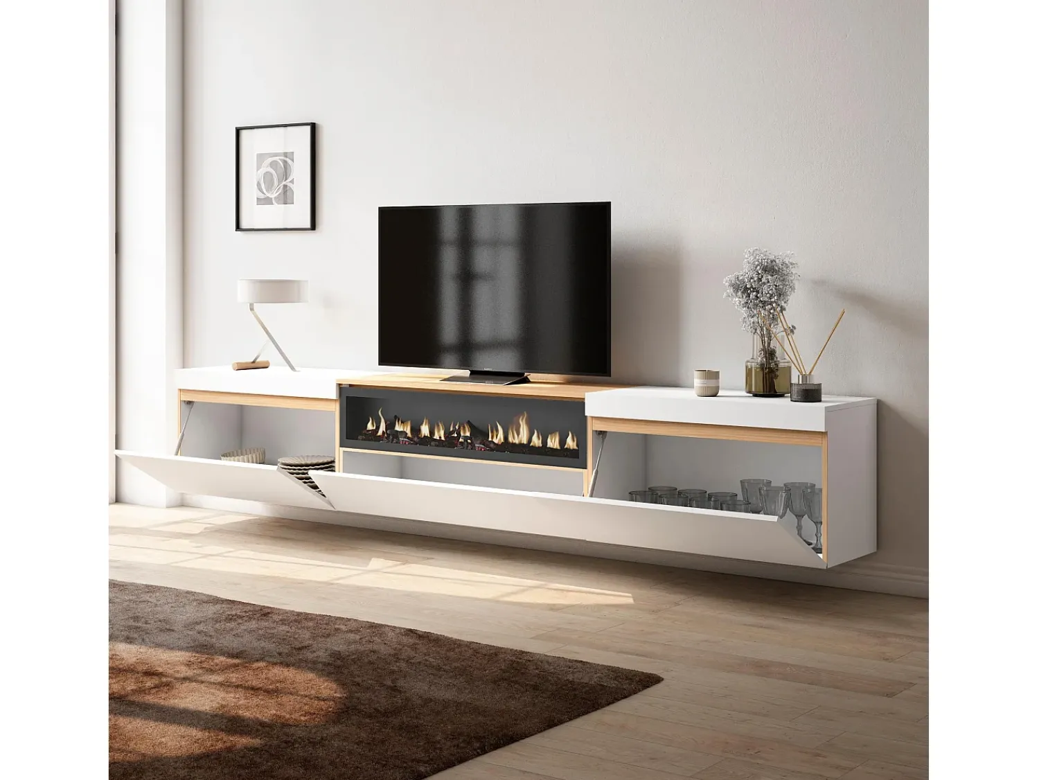 Móvel De Tv*Skraut Home Móvel de TV, 260x35x45cm, TV de grande formato, Lareira eléctrica, Suspensos, e Carvalho soft Branco