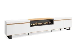 New Skraut Home Móvel de TV, 288x35x57cm, TV de grande formato, Lareira eléctrica, Design industrial, e Carvalho soft Branco