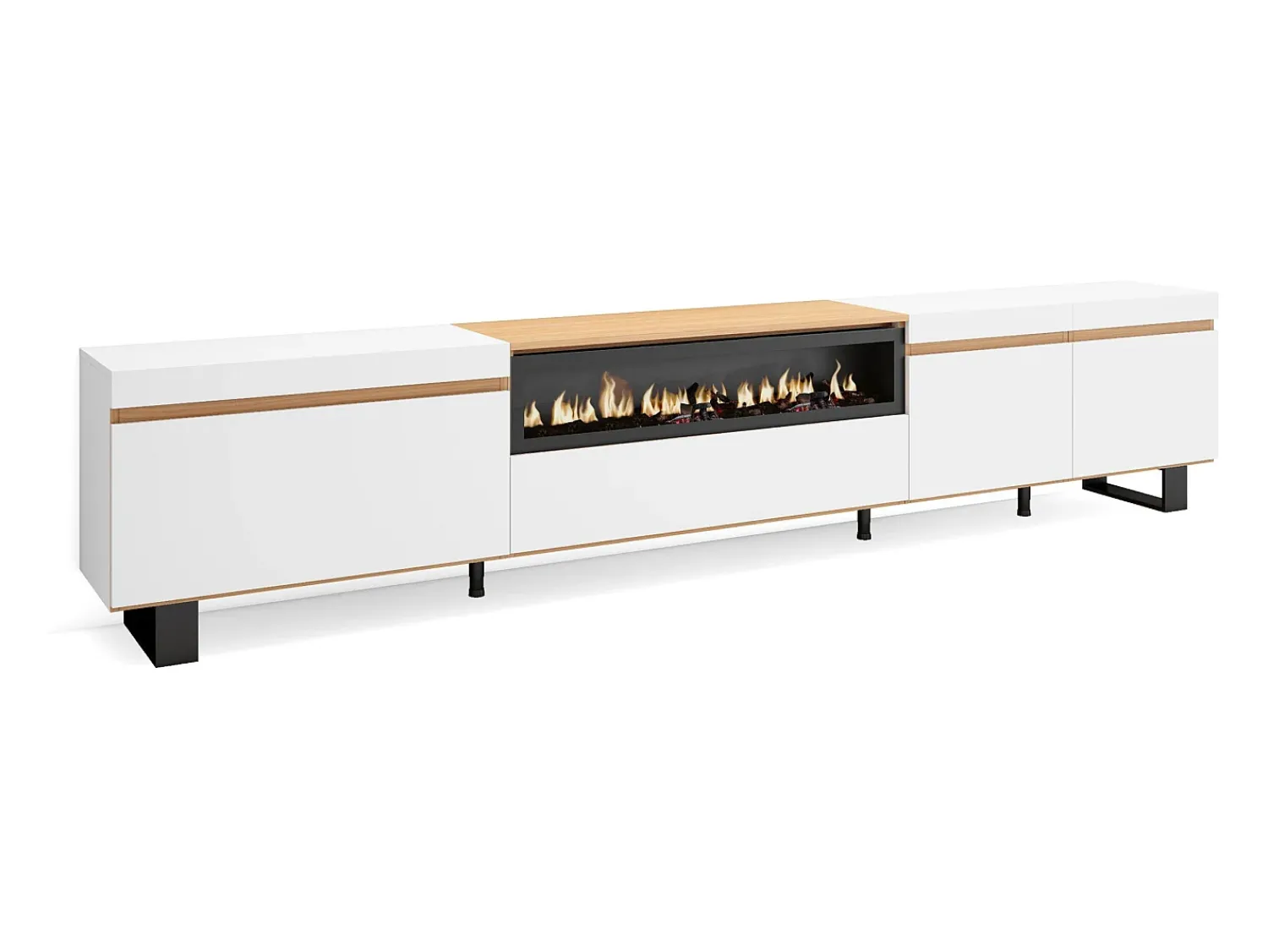 New Skraut Home Móvel de TV, 288x35x57cm, TV de grande formato, Lareira eléctrica, Design industrial, e Carvalho soft Branco