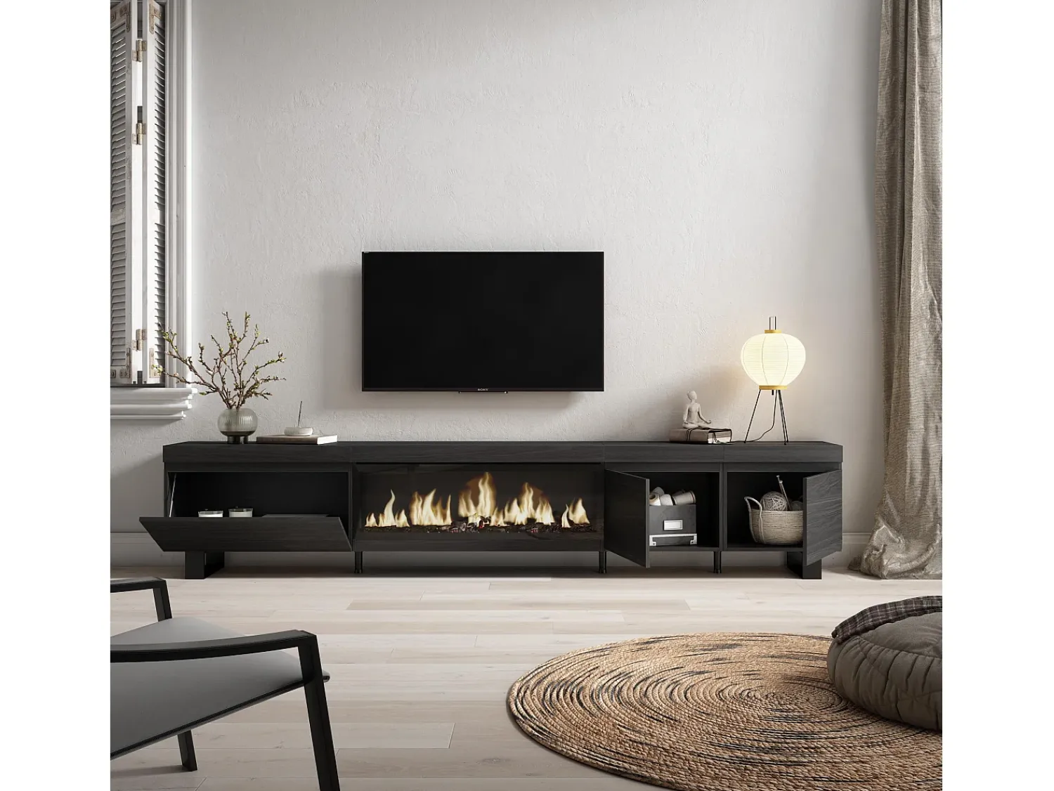 Móvel De Tv*Skraut Home Móvel de TV, 288x35x57cm, TV de grande formato, Lareira eléctrica XXL, Design industrial, Preto
