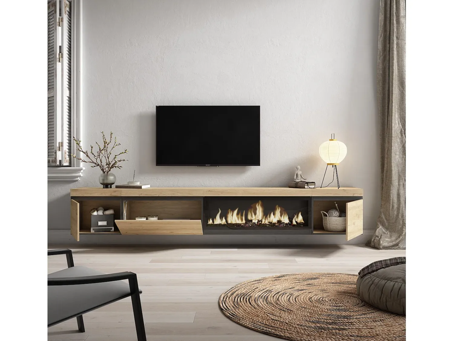 Hot Skraut Home Móvel de TV, 288x35x45cm, TV de grande formato, Lareira eléctrica XXL, Suspensos, Carvalho Natural claro