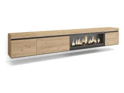 Hot Skraut Home Móvel de TV, 288x35x45cm, TV de grande formato, Lareira eléctrica XXL, Suspensos, Carvalho Natural claro