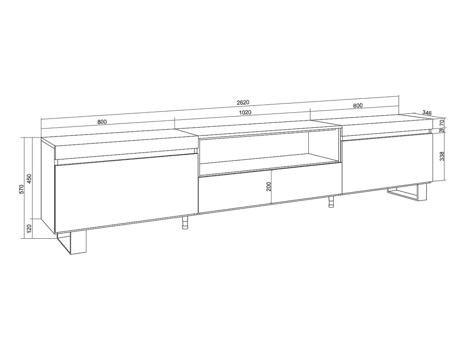 Sale Skraut Home Móvel de TV, 260x35x57cm, TV de grande formato, Design industrial, e Carvalho soft Branco