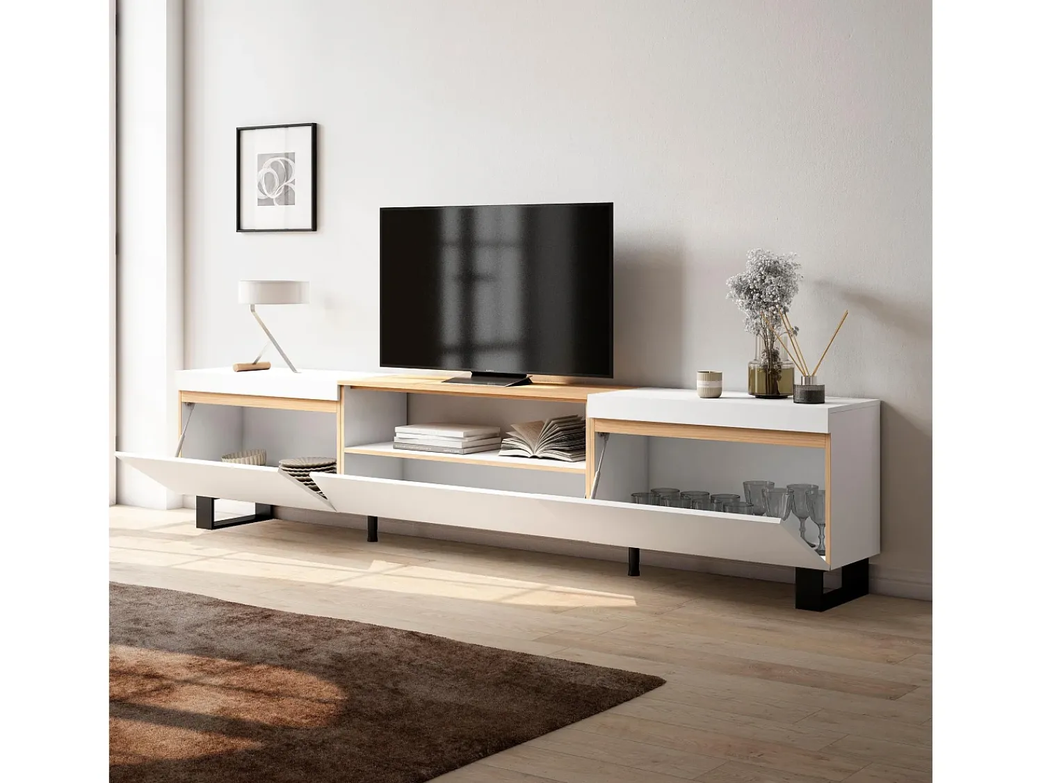 Sale Skraut Home Móvel de TV, 260x35x57cm, TV de grande formato, Design industrial, e Carvalho soft Branco