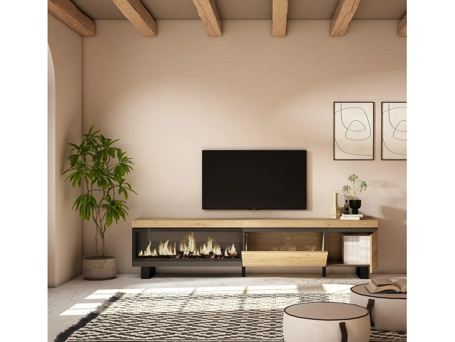 Skraut Home Móvel de TV, 237x35x57cm, TV de grande formato, Lareira eléctrica XXL, Design industrial, Carvalho^ Móvel De Tv