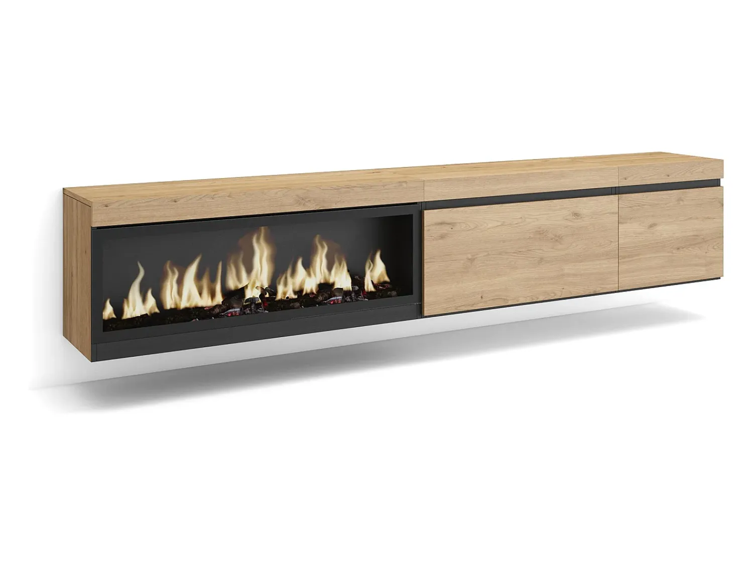 Móvel De Tv|Skraut Home Móvel de TV, 237x35x45cm, TV de grande formato, Lareira eléctrica XXL, Suspensos, Carvalho Natural claro
